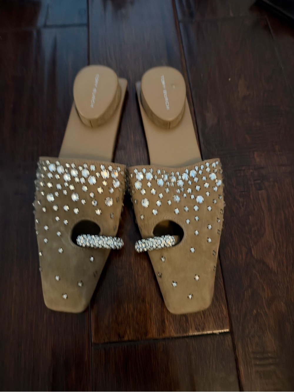 Tory Burch Taupe Crystal-Embellished Slide Mules